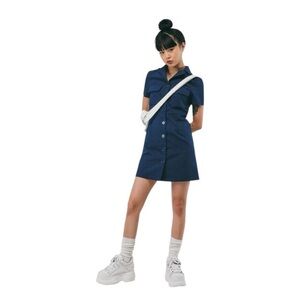 YESSTYLE Navy Blue Button-Up Cargo Pocket Shirt Dress - WM